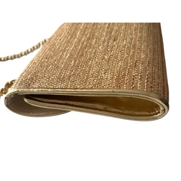 La Regale Woven Straw Grass Handbag Purse Gold Tone Hardware Vintage Chain Strap - Picture 5 of 8